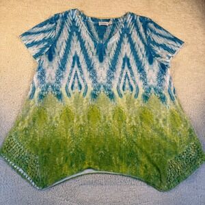 Time and Tru XL (16-18) Blue Green Tie Dye Crochet Hem Top Blouse